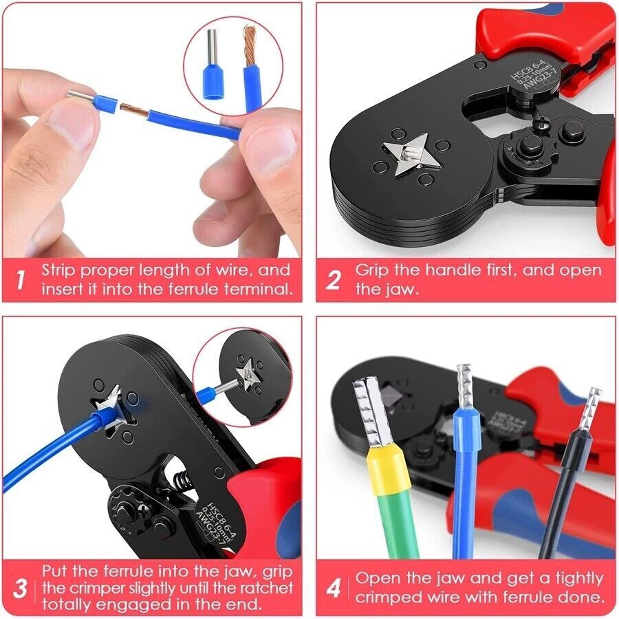 1200 Ferrule Crimper Plier Kit 0.25-10mm²Wire End Terminal Ratchet Crimping Tool