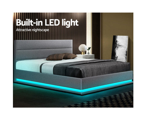 5 x Artiss Bed Frame Queen Size LED Gas Lift Grey LUMI
