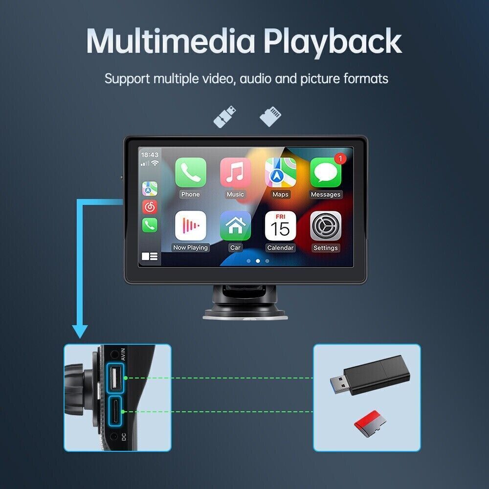 7" Portable Car Radio Player Bluetooth Apple Carplay Android Auto Reverse Camera