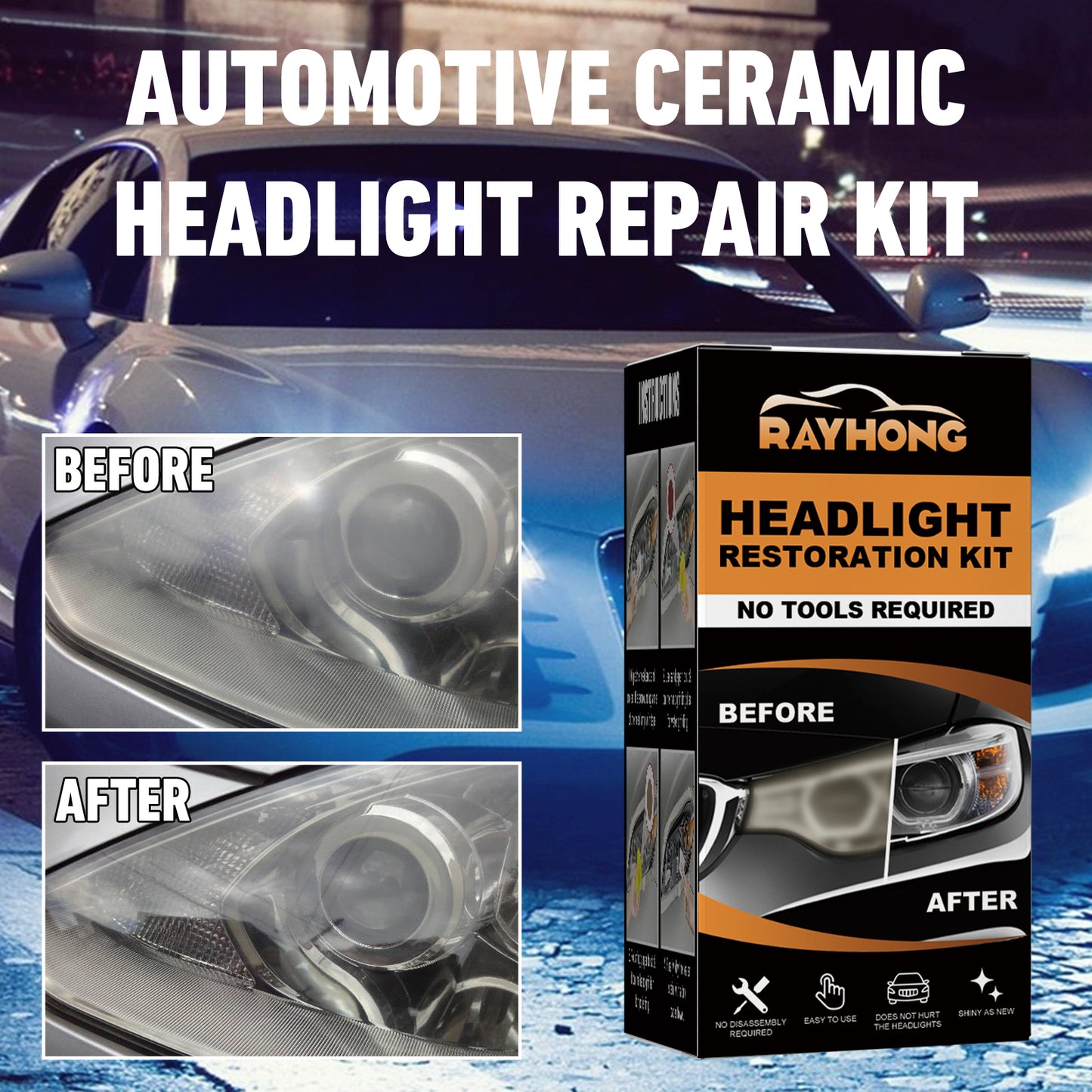 Rayhong Automotive Ceramic Headlight Repair Kit, Repair Scratches Yellow Polishing Headlight Shade Turned New Light