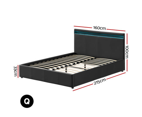 5 x Artiss Bed Frame Queen Size LED Gas Lift Black COLE