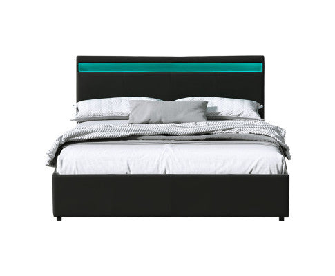 5 x Artiss Bed Frame Queen Size LED Gas Lift Black COLE