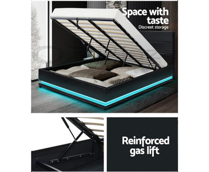 5 x Artiss Bed Frame King Size LED Gas Lift Black LUMI