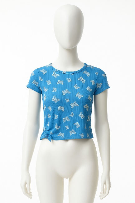 Azure Blue Butterfly Print Asymmetric Cinsh Top