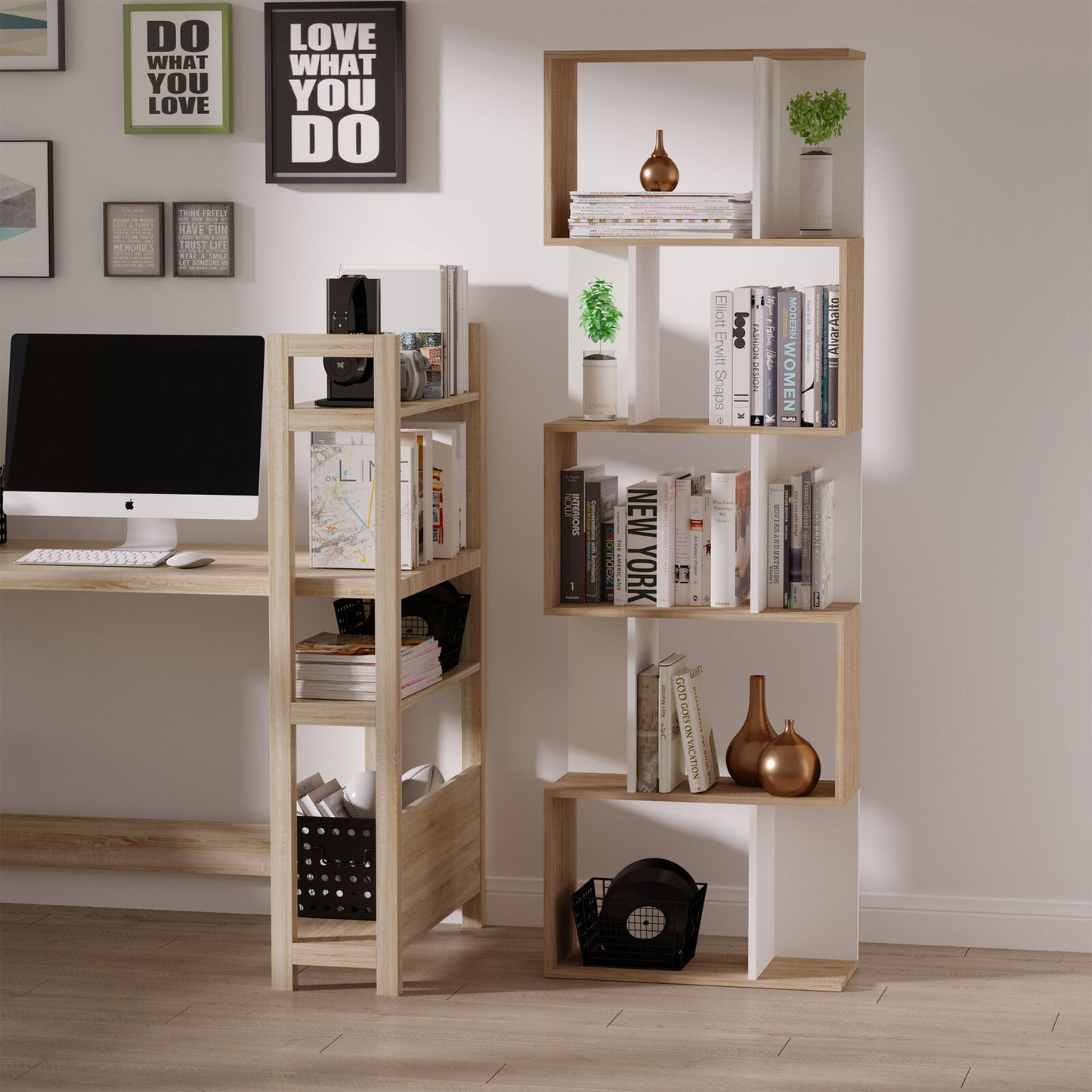 5 level storage cabinets-walnut and white