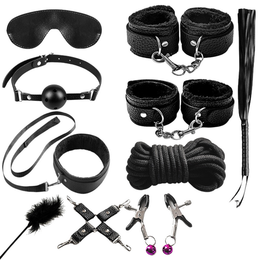 BDSM Kit Bondage Set Couples Sex Play Toy Restraints Cuffs Whip Handcuffs