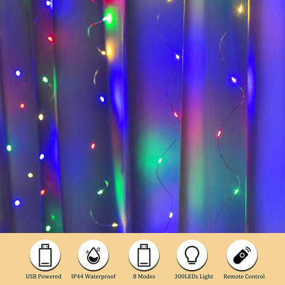 LED String Lights Curtain for Bedroom Wall Party, 8 Modes, USB Powered and IP64 Waterproof (3m x 3m)